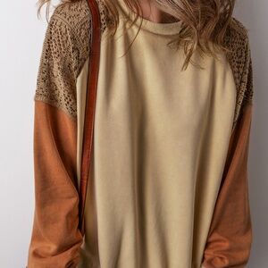 B154 Khaki Lace Patchwork Color Block Drop Shoulder Sweatshirt